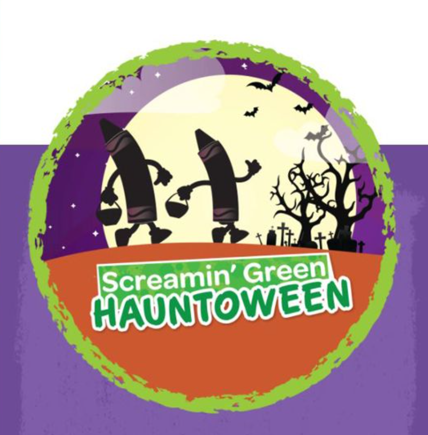Cartoon Halloween scene with three dancing green creatures holding buckets, tombstones, a leafless spooky tree, bats, and a large moon in the background, with the text "Screamin' Green HAUNTOWEEN."