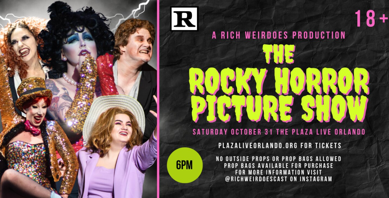 Promotional poster for 'The Rocky Horror Picture Show' event, featuring cast members in colorful costumes with makeup, on a black and lightning background, with event details including date, location, time, and website.
