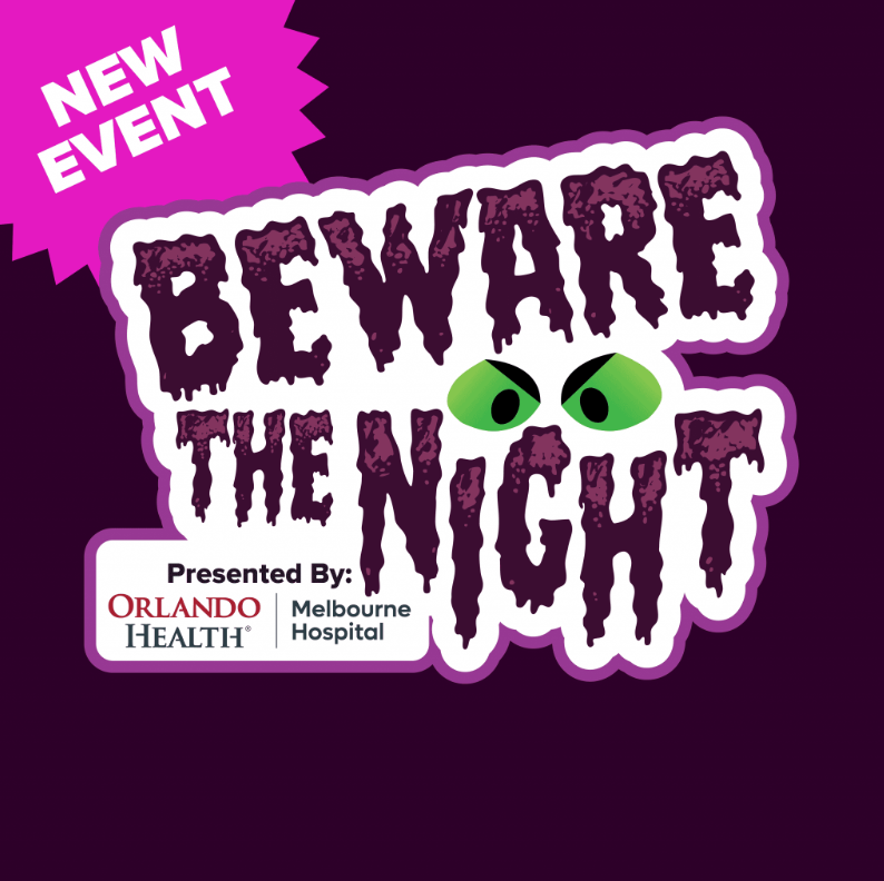 Promotion for a Halloween-themed event called 'Beware the Night,' presented by Orlando Health and Melbourne Hospital with spooky eyes and jagged text.