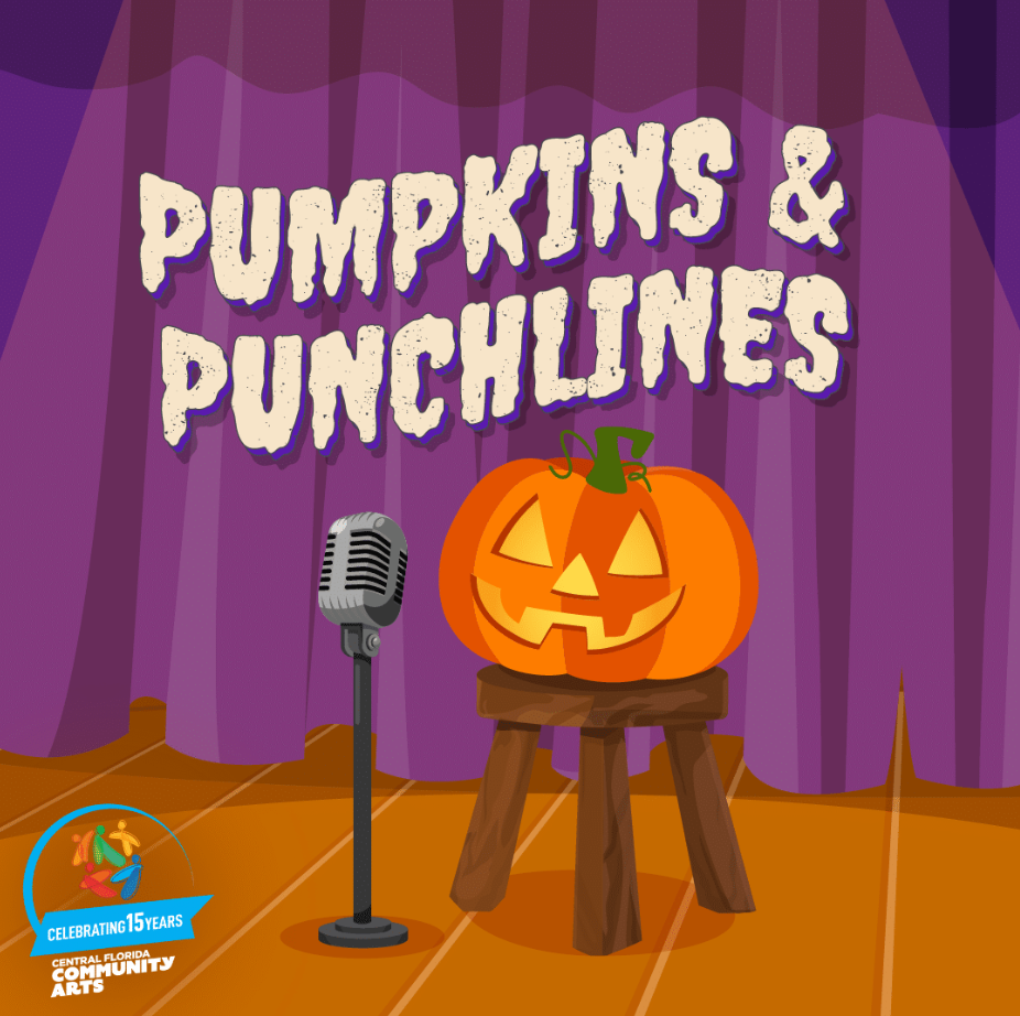 A Halloween-themed stage with a purple curtain background, featuring a carved pumpkin on a small stool, a vintage microphone, and the text "Pumpkins & Punchlines" in spooky font.
