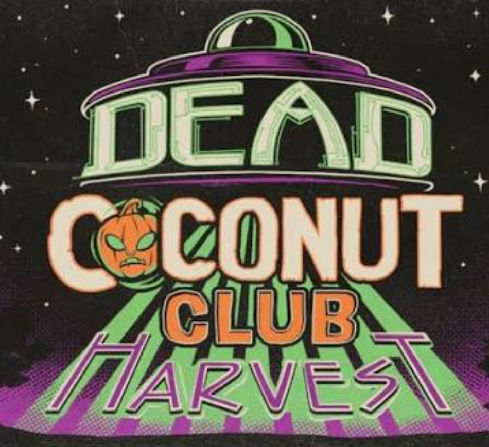 Logo for Dead Coconut Club Harvest with a UFO, spaceship, Halloween pumpkin, and bright neon colors on a starry night background.