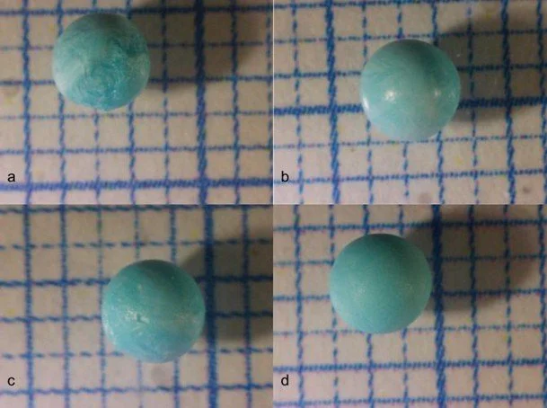 Series of four photos showing a teal Lyobead on graph paper, changing angles and shadows.