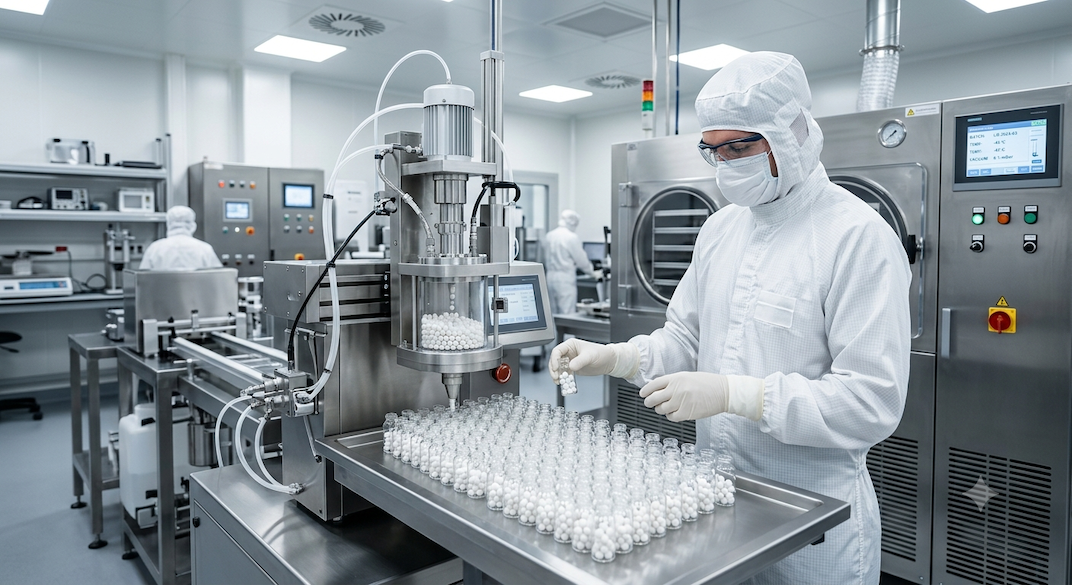 A scientist in a cleanroom filling test tubes with white pills from a machine, wearing protective clothing including a mask, gloves, and glasses.