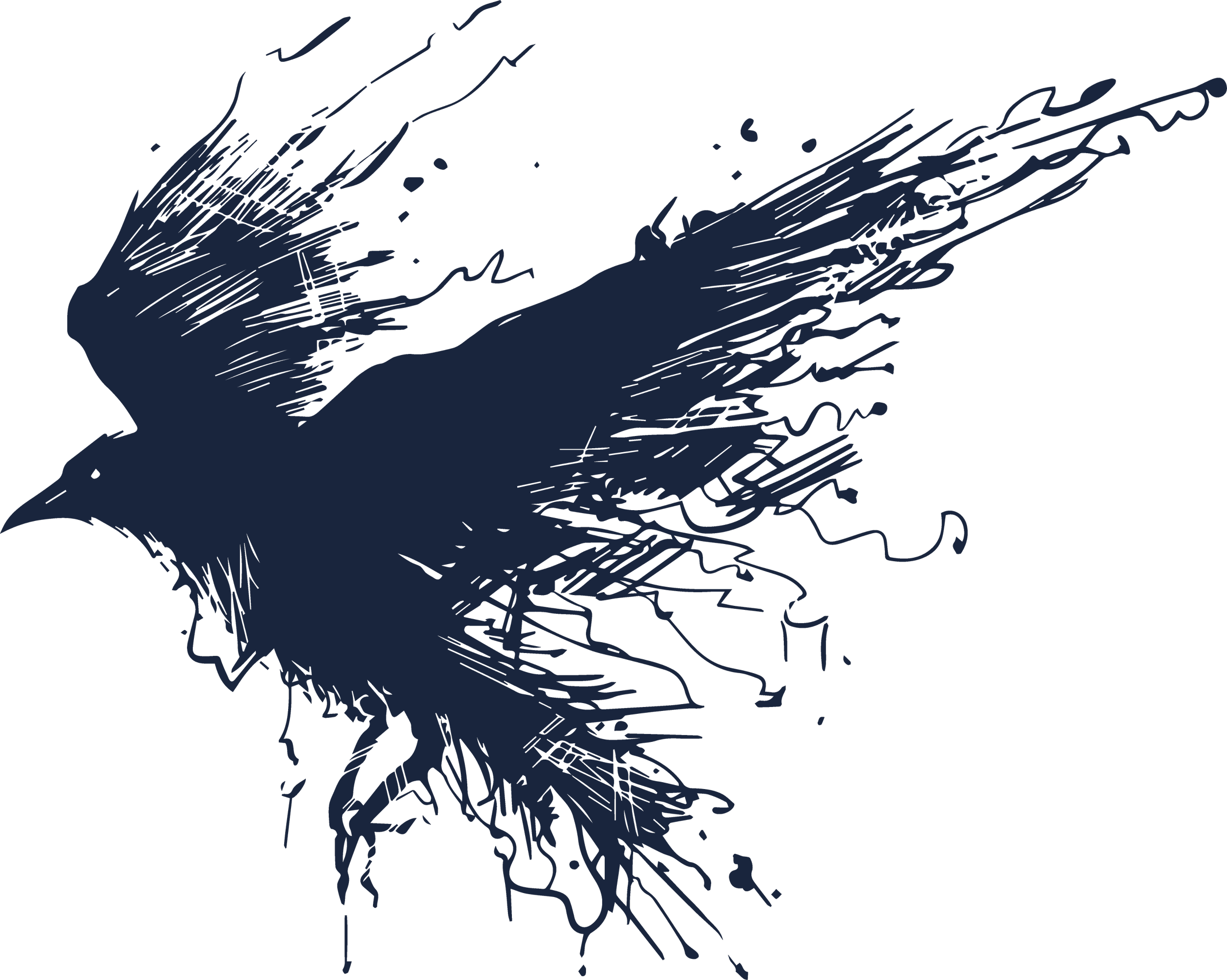 A dark blue silhouette of a bird in flight with abstract, sketchy lines on a black background.
