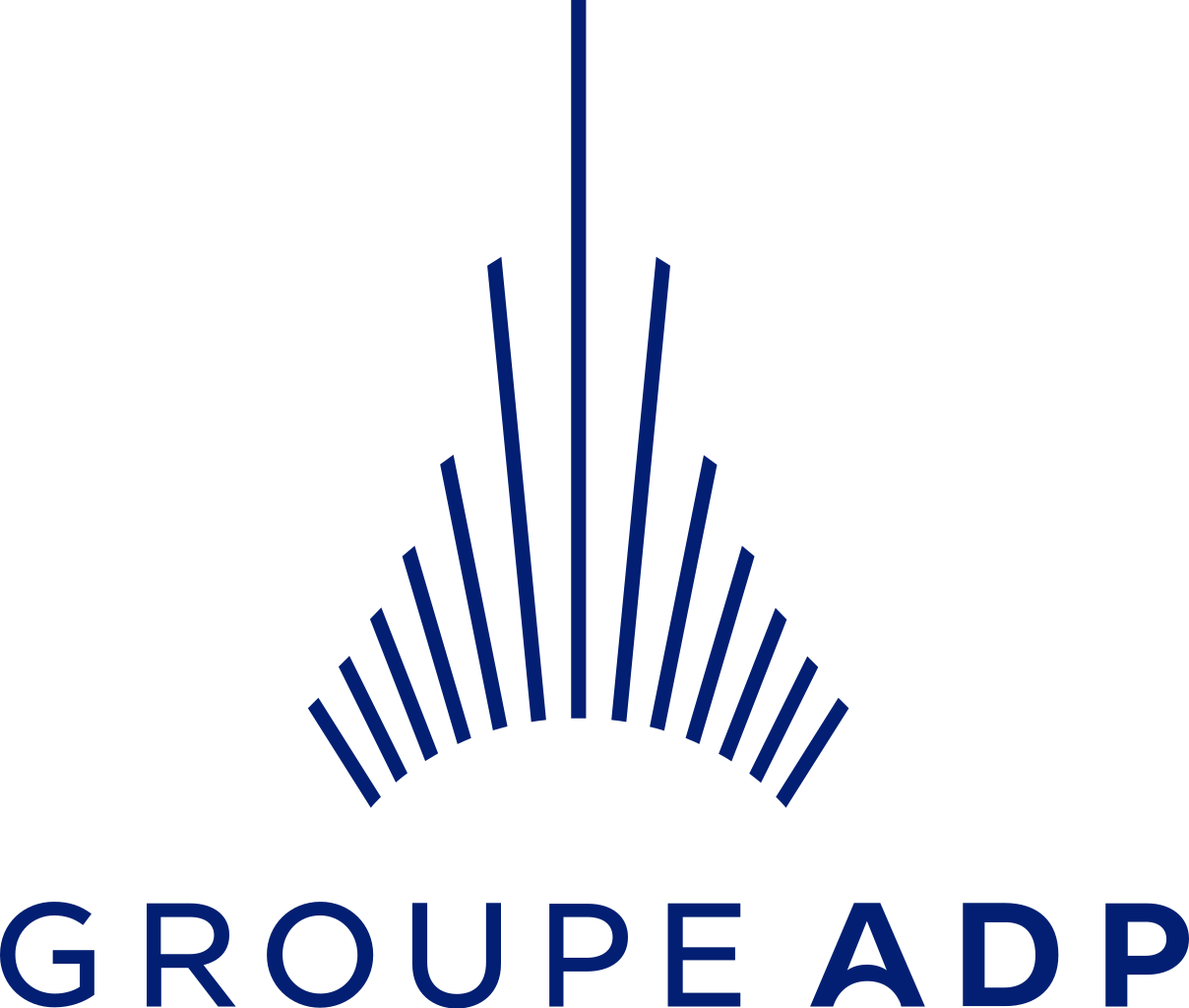 Logo de Groupe ADP avec un design de lignes bleues formant une courbe verticale et le nom de la société en dessous