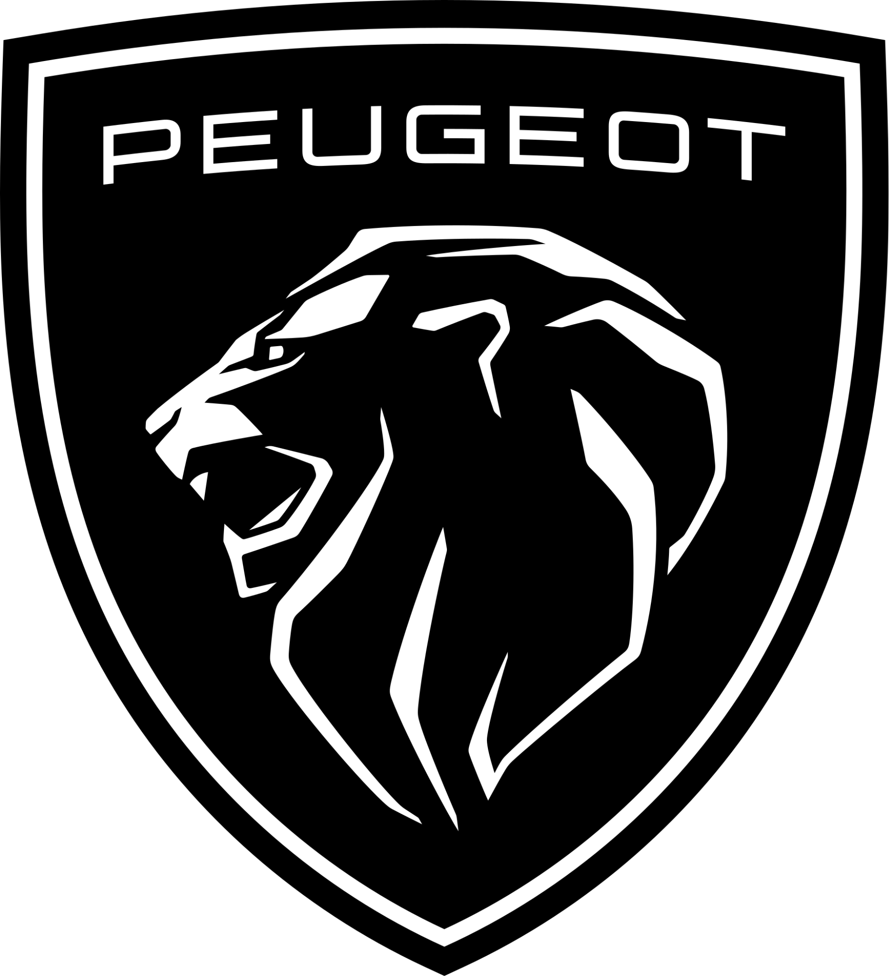 Logo noir et blanc avec une tête de lion stylisée et le mot 'PEUGEOT' en haut.