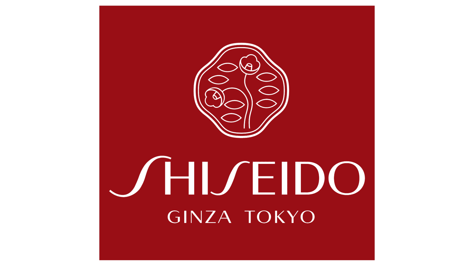 Logo de Shiseido avec une illustration de fleurs et le texte 'GINZA TOKYO' sur un fond rouge.