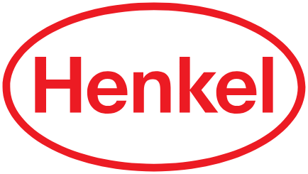 Logo de la marque Henkel avec texte rouge dans un ovale blanc entouré d'une bordure rouge.