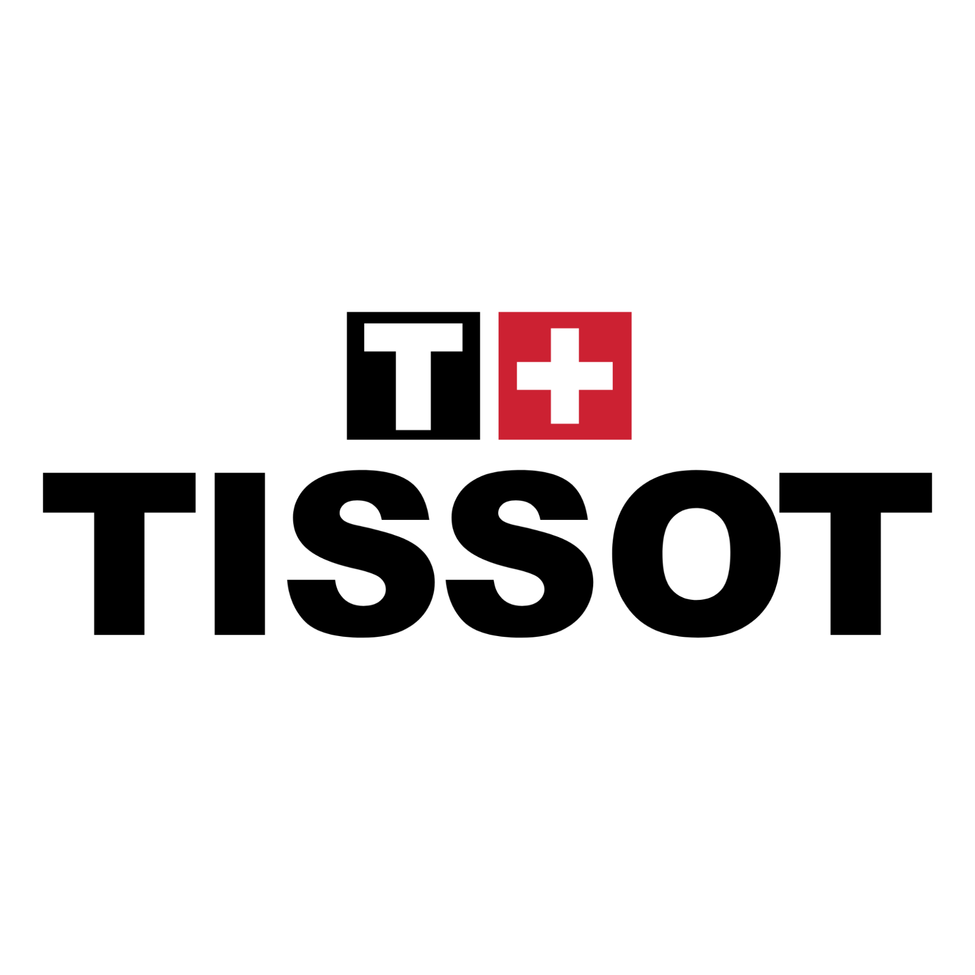 Logo de Tissot, une marque horlogère, avec les lettres T et un symbole en croix rouge, le tout sur un fond blanc.