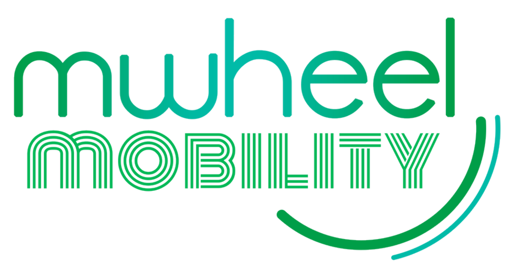 Texte en couleur vert et bleu indiquant 'mwheel MOBILITY' avec un motif de lignes dans le mot 'MOBILITY' et un sourire stylisé en dessous.