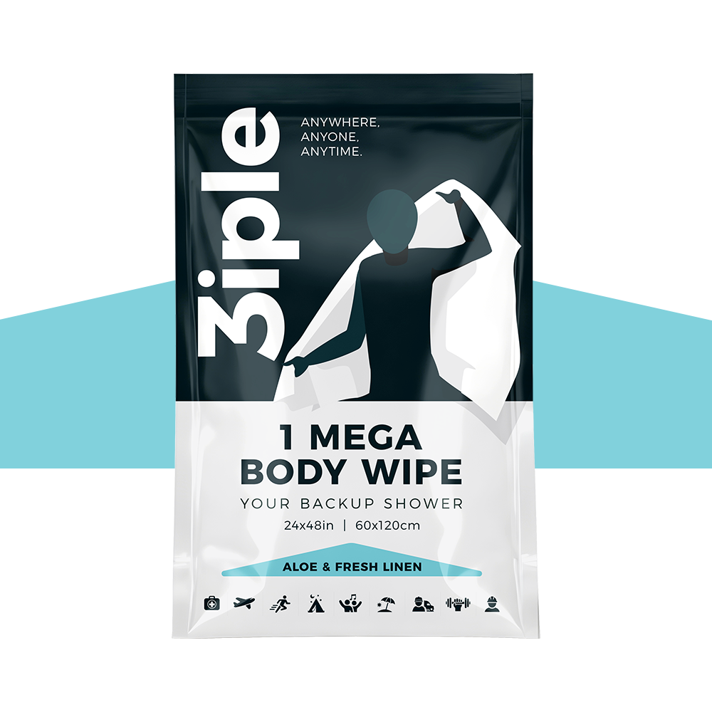Packaging of 3.1 Peace 1 Mega Body Wipe with aloe and fresh linen scent, featuring a minimalistic illustration of a person opening a towel, and icons indicating the product is portable, suitable for travel, outdoor activities, beach, gym, and shower use.