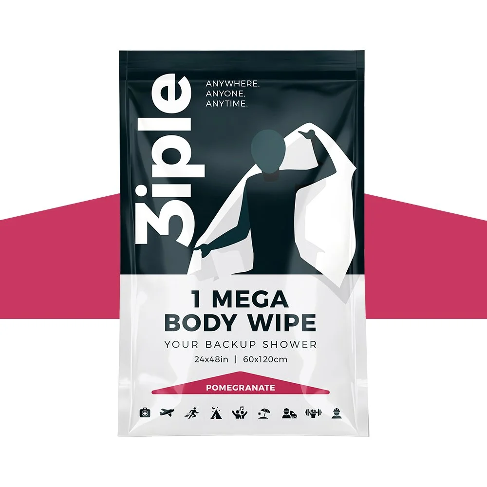 Package of 3dipi 1 mega body wipe with pomegranate scent, featuring a silhouette of a person flexing, and icons indicating portable use, travel, outdoor activities, and beach or pool.