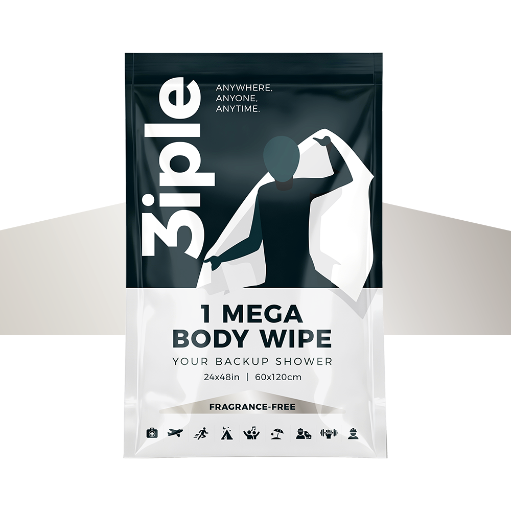 Package of 3spire 1 Mega Body Wipe with an illustration of a flexing arm and the words "Your Backup Shower" and "Fragrance-Free," along with icons indicating portability, outdoors, and fitness.