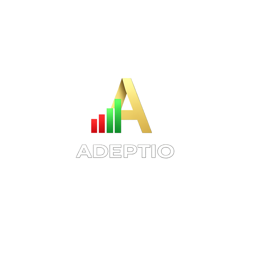 A 3D logo with a gold letter 'A' and red, green, yellow, and gray bar charts, with the word 'ADEPTIO' in white capital letters below.