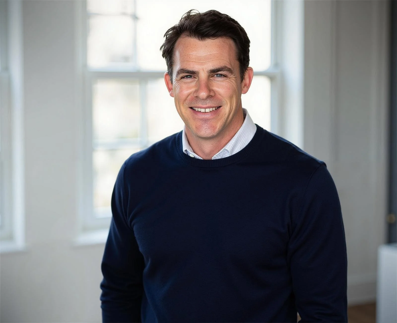 A smiling man with dark hair, wearing a navy blue sweater over a light-colored shirt, standing in a bright room with large windows in the background.
