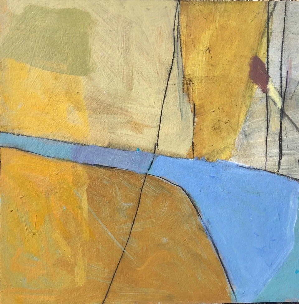 Abstract painting with various colored geometric shapes, including yellow, blue, beige, and mauve, with black outlining.