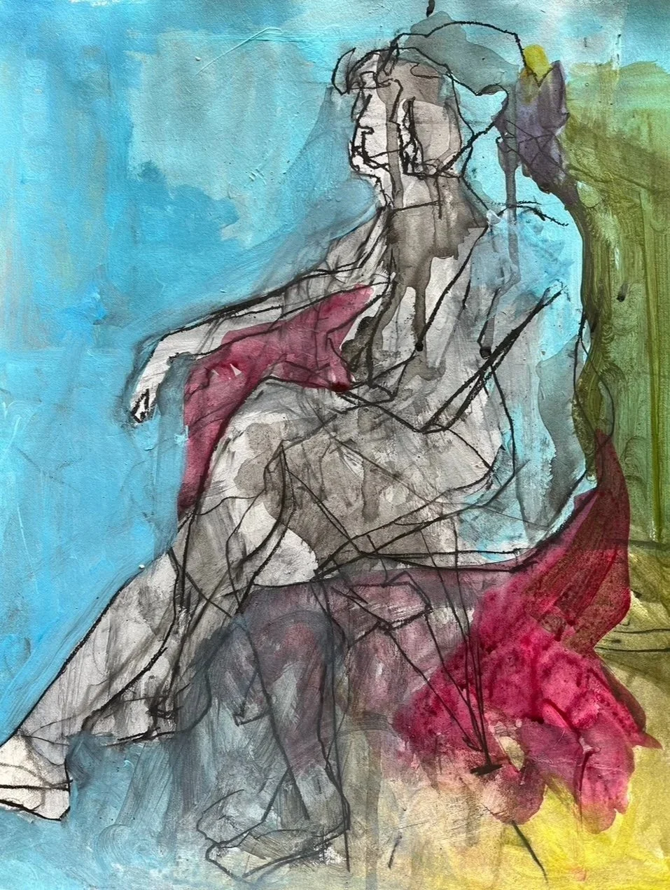 Abstract watercolor painting of a seated woman with her arms resting on her lap, using loose black ink lines, blue background, and red, pink, and green accents.