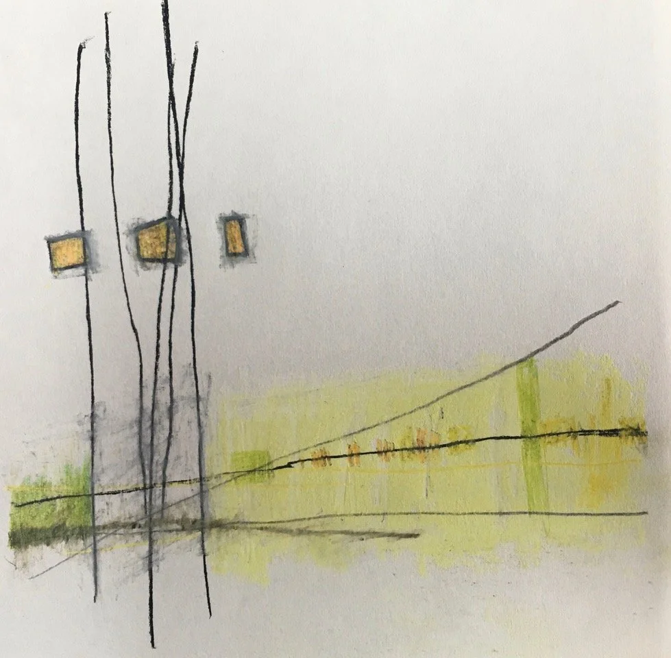 An abstract watercolor painting of a street scene with three traffic lights and yellow-green street markings.