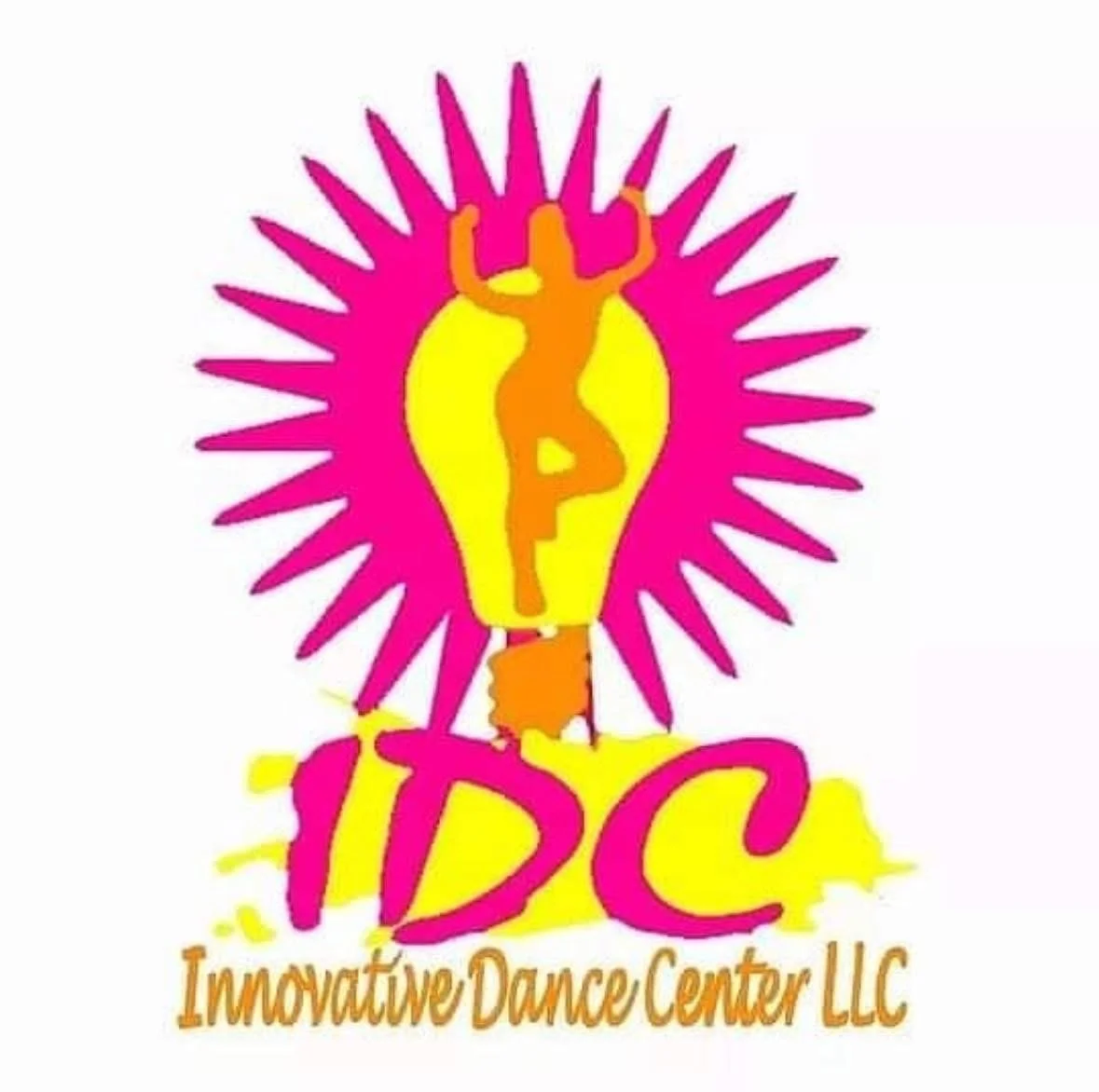 Logo of Innovative Dance Center LLC featuring a stylized lightbulb with a dancing figure inside, surrounded by pink rays, with pink and yellow text.