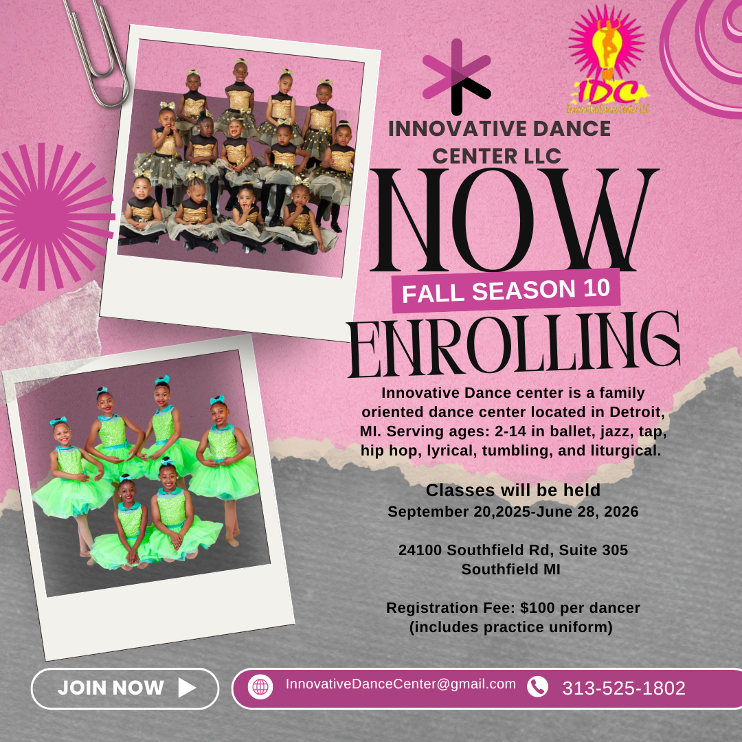 Flyer for Innovative Dance Center LLC's fall season 10 enrollment, showing two groups of young girls in dance costumes, with details about class dates, location, registration fee, contact information, and a join now button.