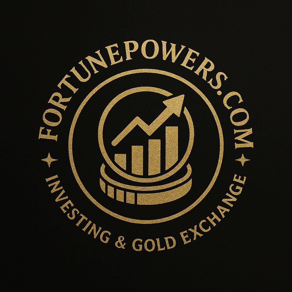 Gold-colored logo with a rising arrow and bar chart inside a circle, surrounded by the text "FORTUNEPOWERS.COM" at the top and "INVESTING & GOLD EXCHANGE" at the bottom, on a black background.