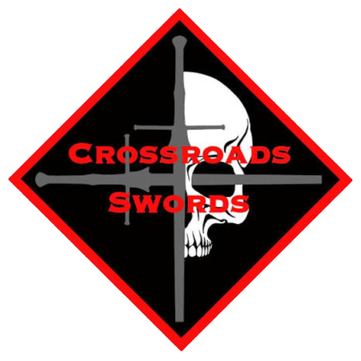 A black diamond-shaped warning sign with a red border, featuring a skull and a sword crossed with a dagger behind it. The text 'CROSSROADS SWORDS' is written in bold red letters across the skull and weapons.