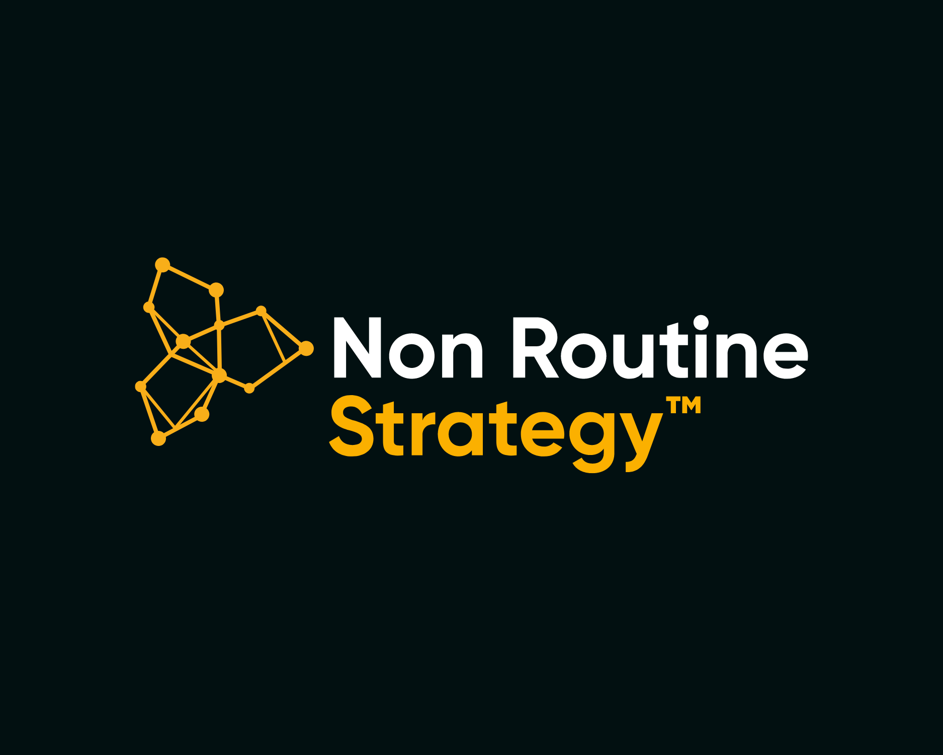 Logo for Non Routine Strategy with a geometric butterfly icon and bold text in white and yellow on a black background.