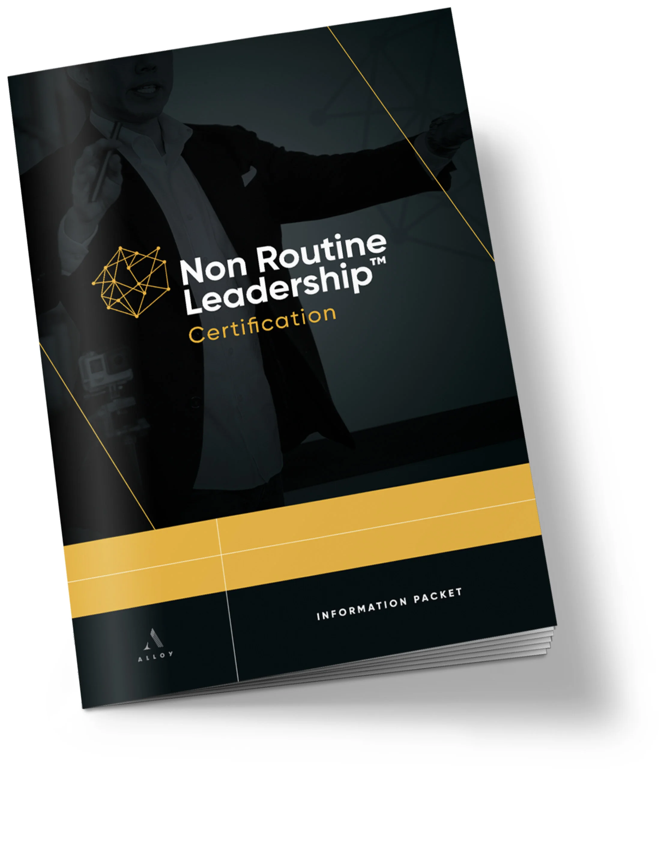 Book titled 'Non Routine Leadership Certification' with a dark background, yellow accents, and a geometric logo, labeled as an information packet.