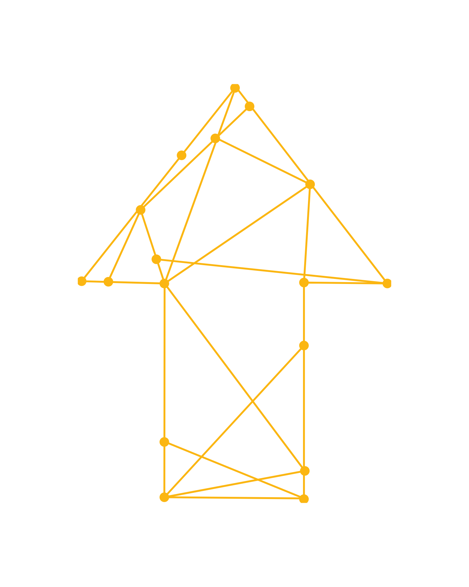 A 3D diagram of a network structure with connected nodes, resembling a wireframe or geometric graph on a black background, with orange nodes and lines.