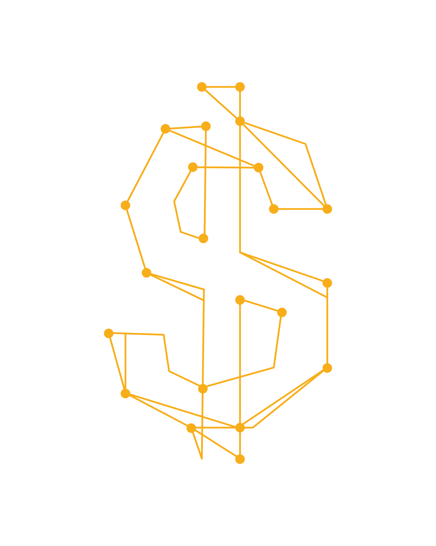 Orange dollar sign outline formed by connected dots on black background.