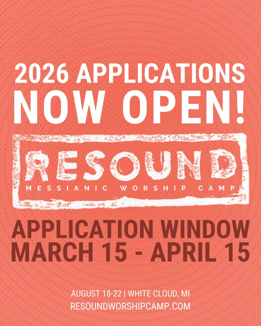 RESOUND 2026 applications are now open!! ⁠
RESOUND is for worshippers, creatives, and leaders who want to go deeper in their relationship with Yeshua and walk in their individual life callings. ⁠
Apply now at resoundworshipcamp.com/apply⁠
Tag someone