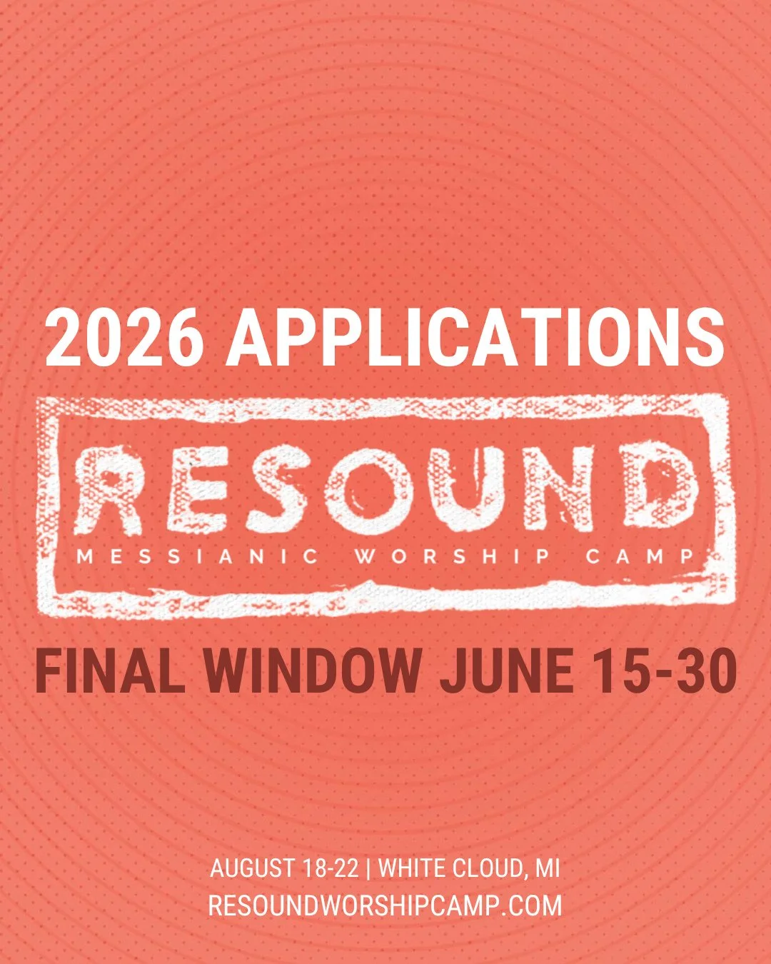 FINAL APPLICATION WINDOW!⁠
⁠
Resound 2026 applications are open June 15-30! ⁠
⁠
Resound is for worshippers, creatives, and leaders who want to go deeper in their relationship with Yeshua and walk in their individual life callings.  RESOUND 2026 is Au