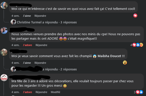 Capture d'écran d'une conversation sur les réseaux sociaux où plusieurs personnes discutent, mentionnant leur expérience et partageant leur admiration pour des photos et décorations.