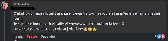 Capture d'écran d'une publication Facebook avec un commentaire exprimant l'émerveillement devant la décoration de d'Halloweenet l'enthousiasme d'un fan de Jack et Sally.