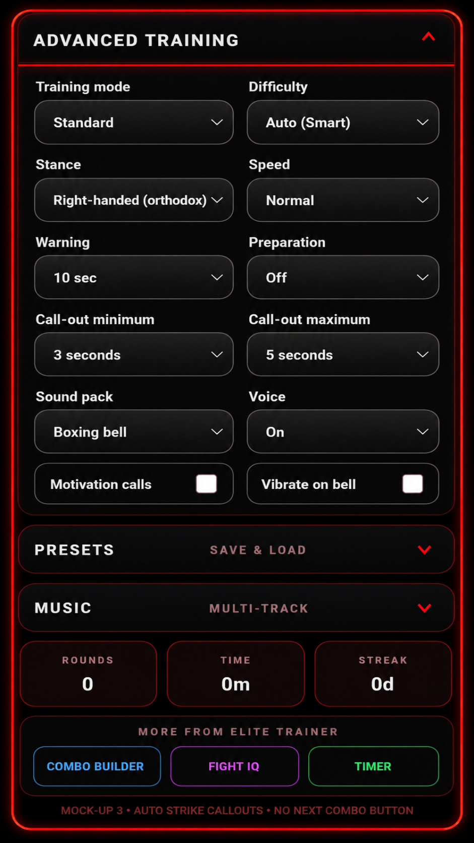 Elite Trainer Striking advanced training settings showing stance, warm-up, call-out timing, sound options, presets and music controls.