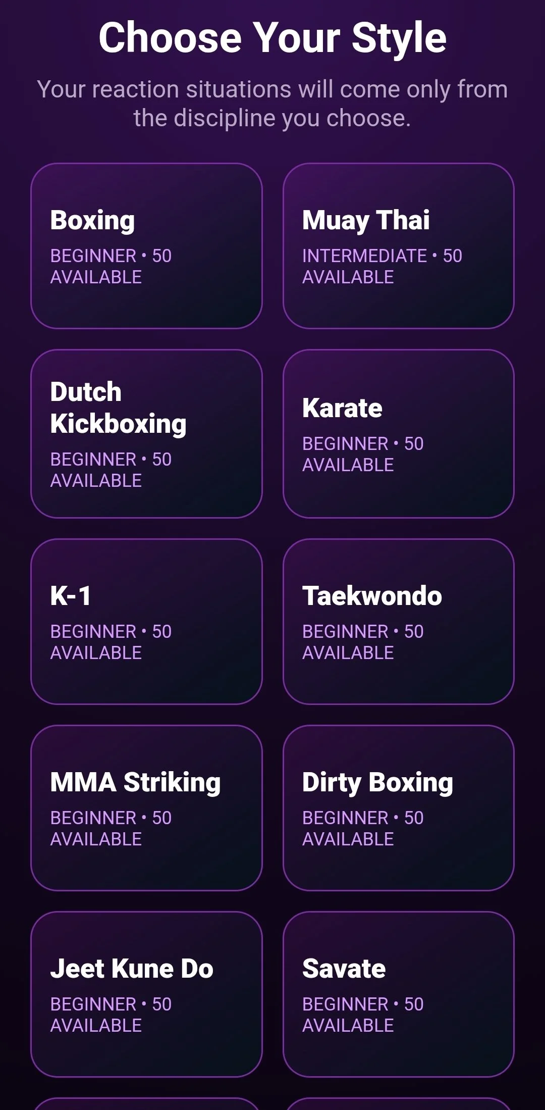 A digital screen displaying a list of martial arts classes with a dark purple background and white text. The title reads "Choose Your Style," and various classes are listed with difficulty levels and availability, including Boxing, Muay Thai, Dutch Kickboxing, Karate, K-1, Taekwondo, MMA Striking, Dirty Boxing, Jeet Kune Do, and Savate.