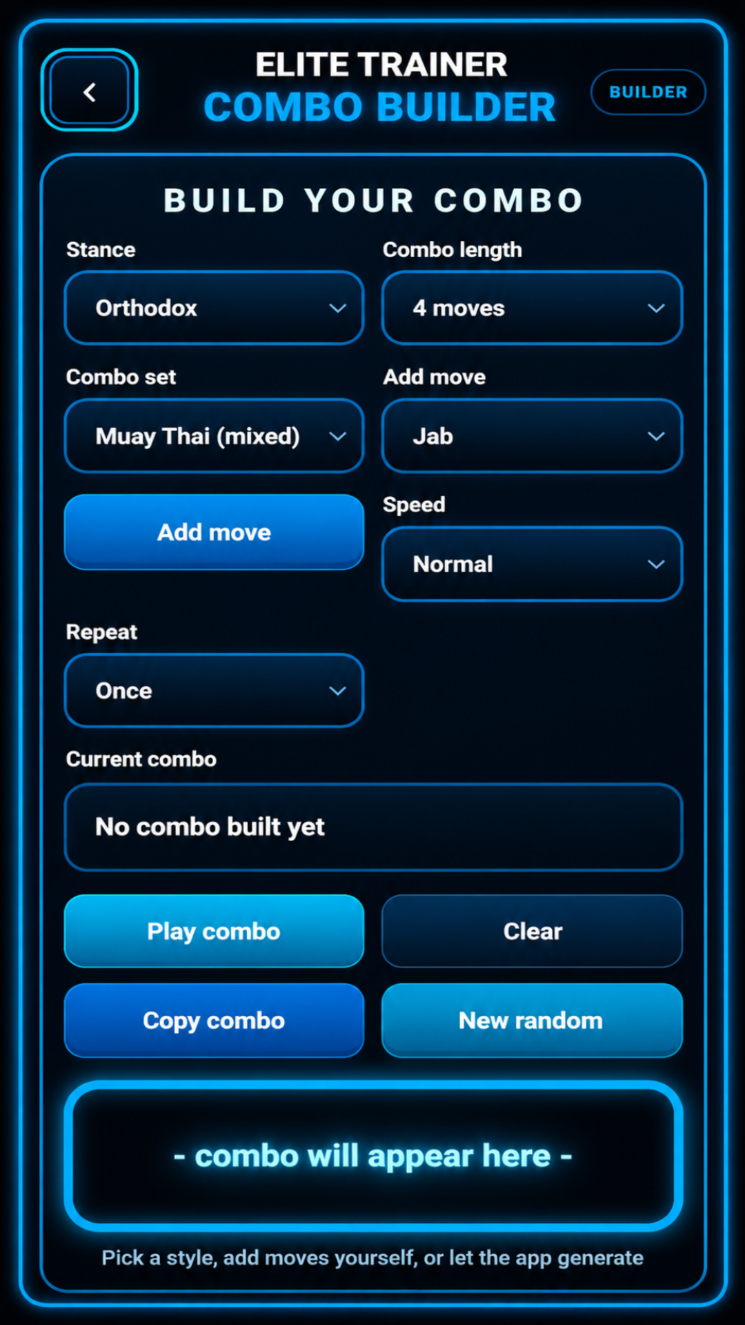 Elite Trainer Combo Builder main screen showing controls for building custom striking combinations, selecting stance, training style, combo length and difficulty.