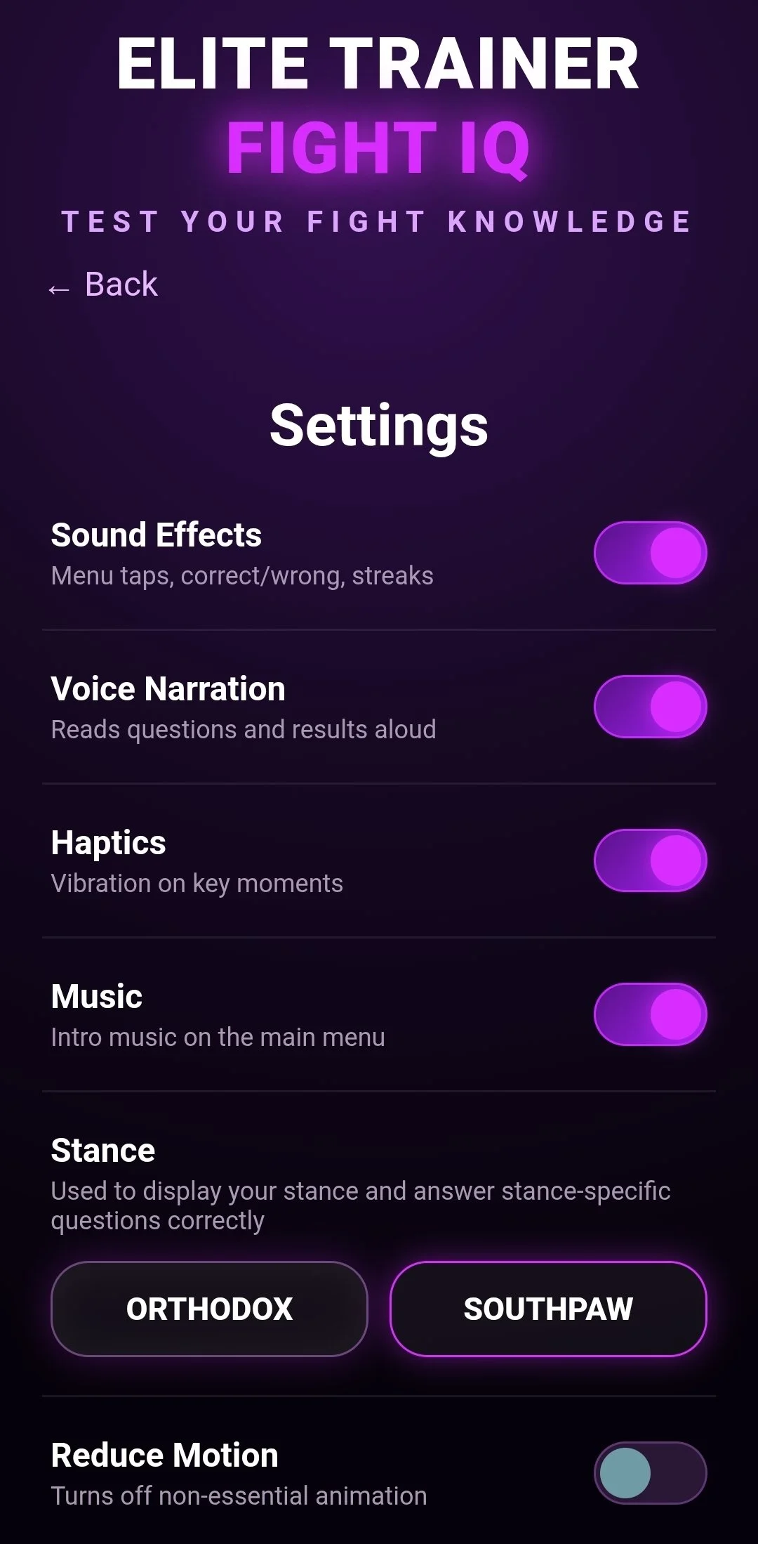 Screenshot of an app settings page titled 'Elite Trainer Fight IQ,' with options for sound effects, voice narration, haptics, music, stance, and reduce motion, featuring toggle switches and two buttons labeled 'Orthodox' and 'Southpaw'.