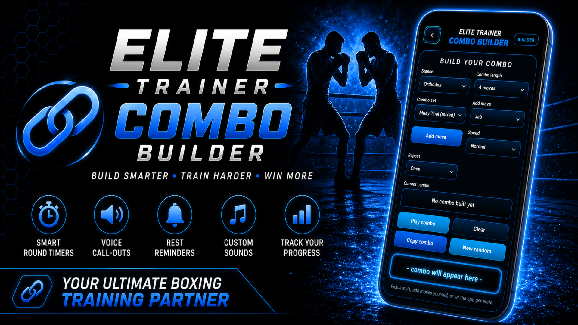 Elite Trainer Combo Builder promotional banner showing the custom combo builder interface, striking training controls, voice call-outs, round timers, rest reminders and progress features.
