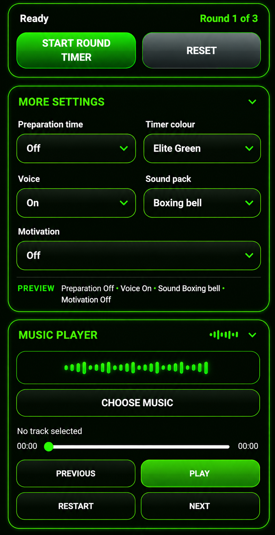 Elite Trainer Round Timer showing advanced timer settings, preparation options and built-in music controls.