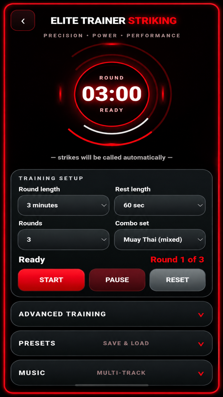Elite Trainer Striking main training screen showing the round timer, training setup, combo selection and advanced training options.