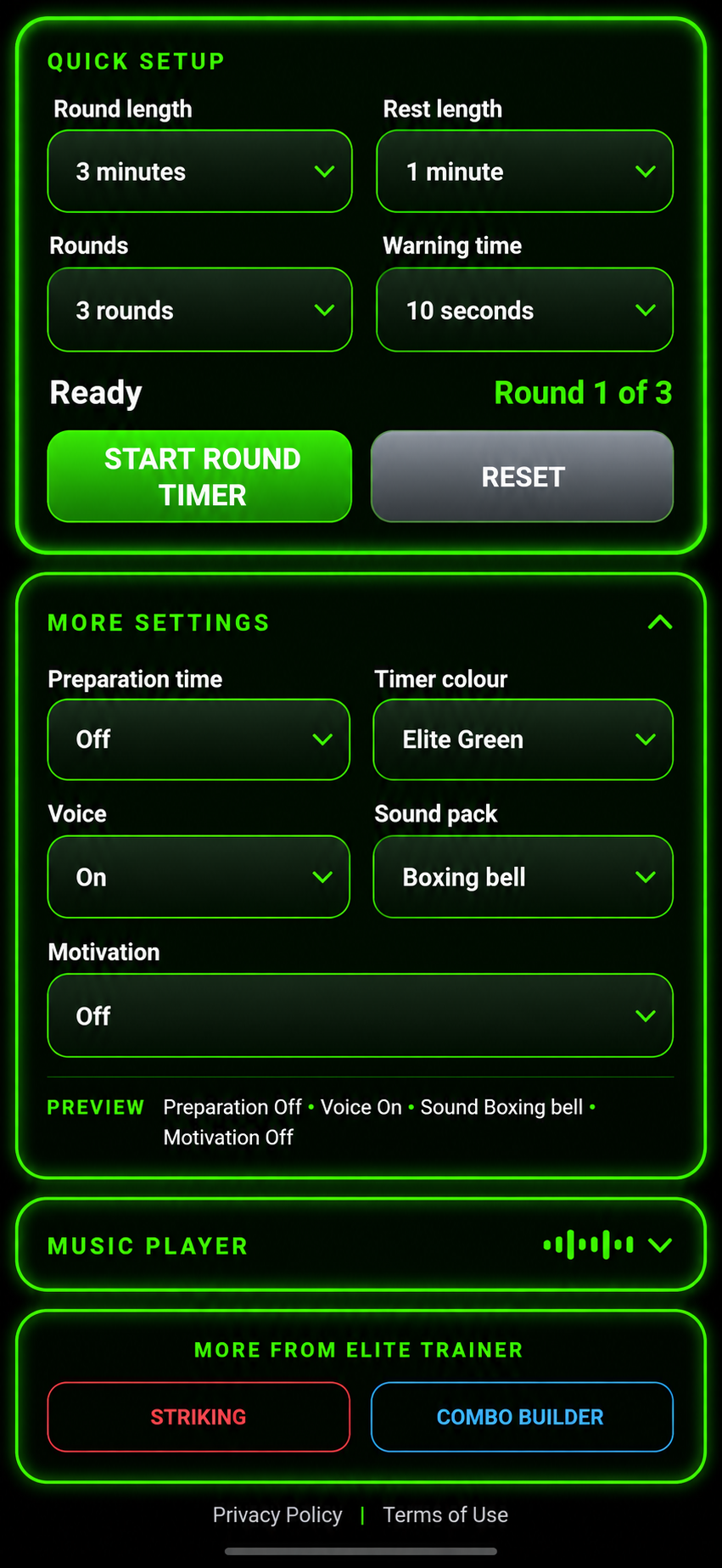 Elite Trainer Round Timer quick setup showing custom round, rest, warning, voice and sound settings.