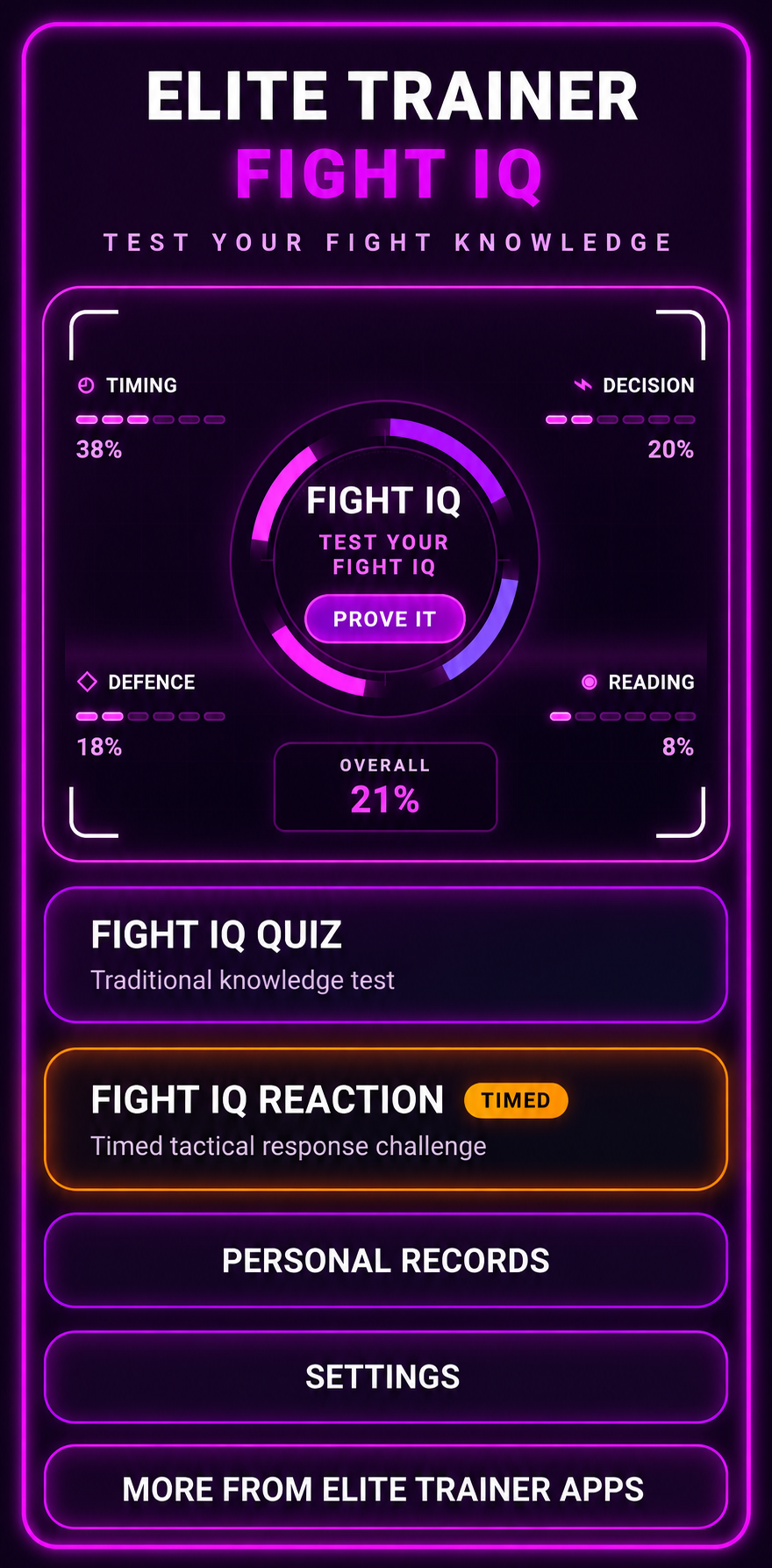 A neon-themed fitness app interface for testing fight IQ, with sections for quiz, reaction challenge, personal records, settings, and info about Elite Trainer.