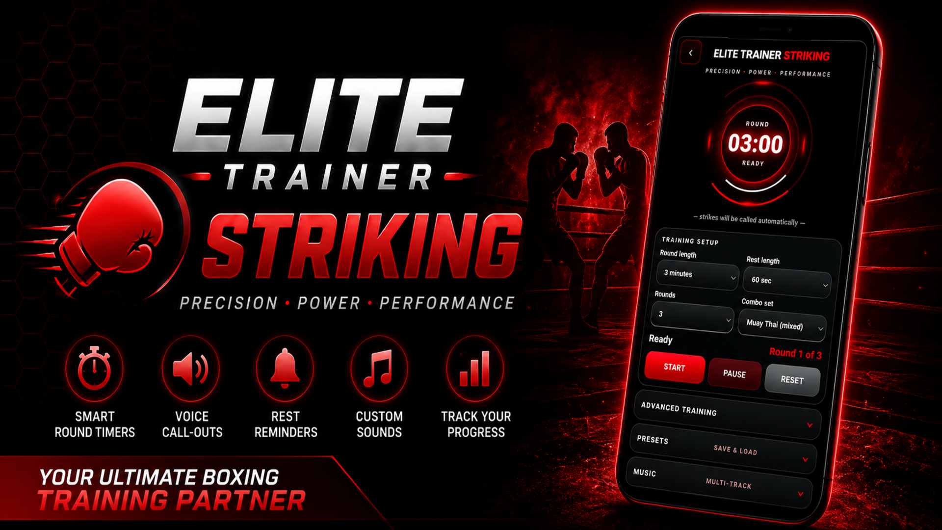Elite Trainer Striking training app featuring smart round timers, voice call-outs, rest reminders, custom sounds and training progress tools.