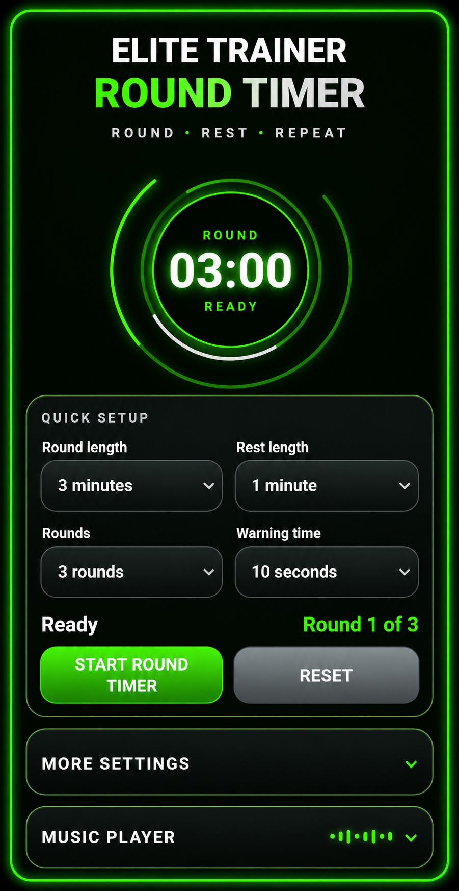 Elite Trainer Round Timer main screen showing round length, rest time, rounds and timer controls.