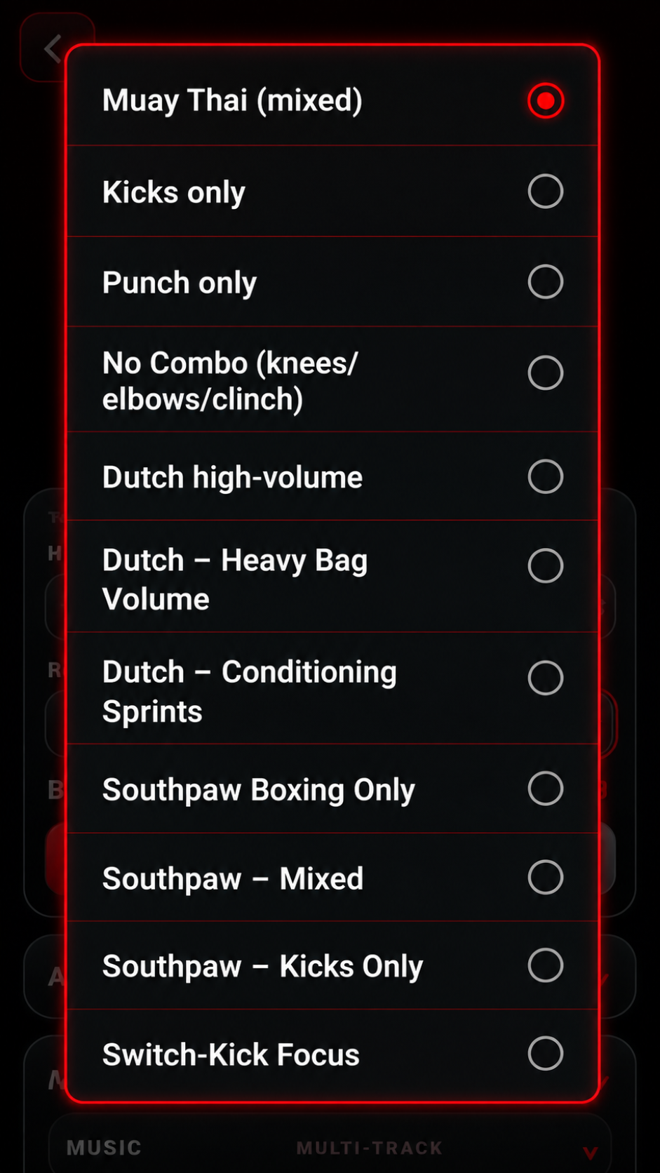 Elite Trainer Striking combo selection screen showing Muay Thai, boxing, kicks, conditioning, southpaw and switch-kick training options.