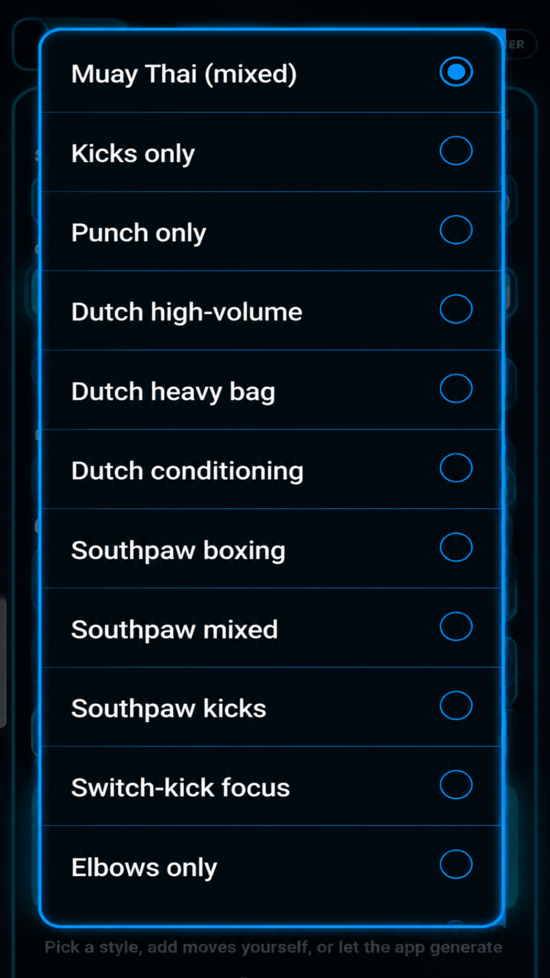 Elite Trainer Combo Builder training style selection showing Muay Thai, boxing, Dutch-style, southpaw, kicks and specialist striking options.