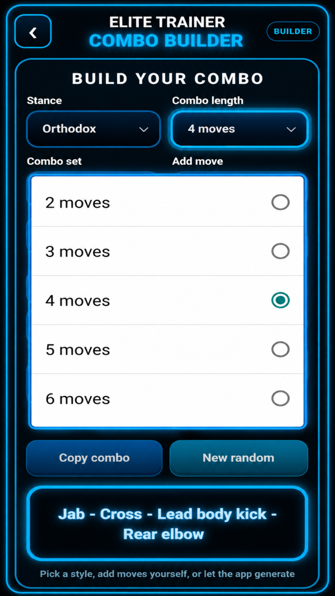 Elite Trainer Combo Builder screen showing combo length options and controls for creating and customising striking combinations.