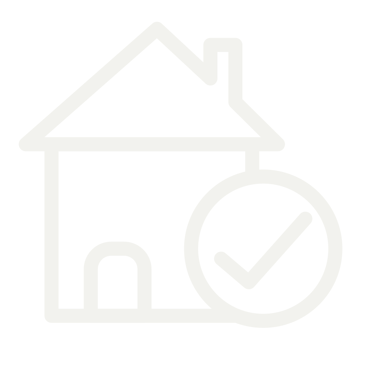 Outline icon of a house with a check mark in a circle next to it.