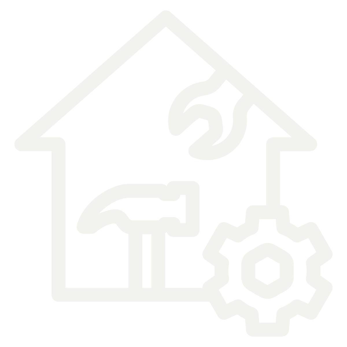 Icon of a house with a wrench, a screwdriver, a gear, and a flame inside, representing home maintenance or repair services.